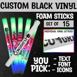 LED Foam Glow Sticks Pack of 15 Black Vinyl Lettering Multi-Color 16 Inch Light Batons 3 Flash Modes for Wedding Birthday Rave Festival Club