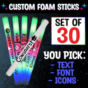 30 Pack Custom/Personalized LED Foam Stick, Multi-Color, 16 Inch Light Up Batons, Multicolor 3 Flash Modes for Parties, Weddings, Birthdays.