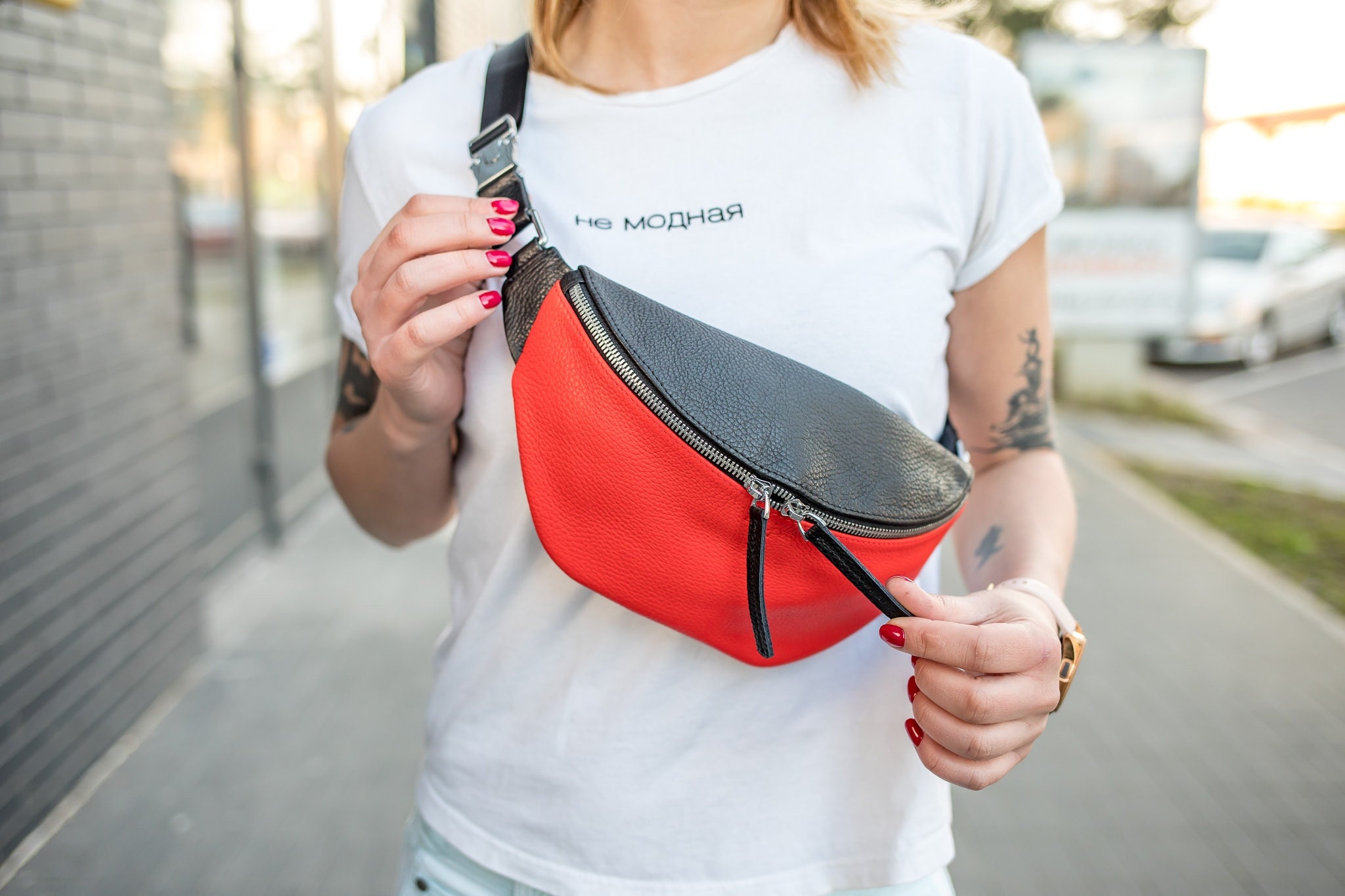Leather Fanny Pack Red Belt Bag Hip Bag Men Waist Bag Personalized