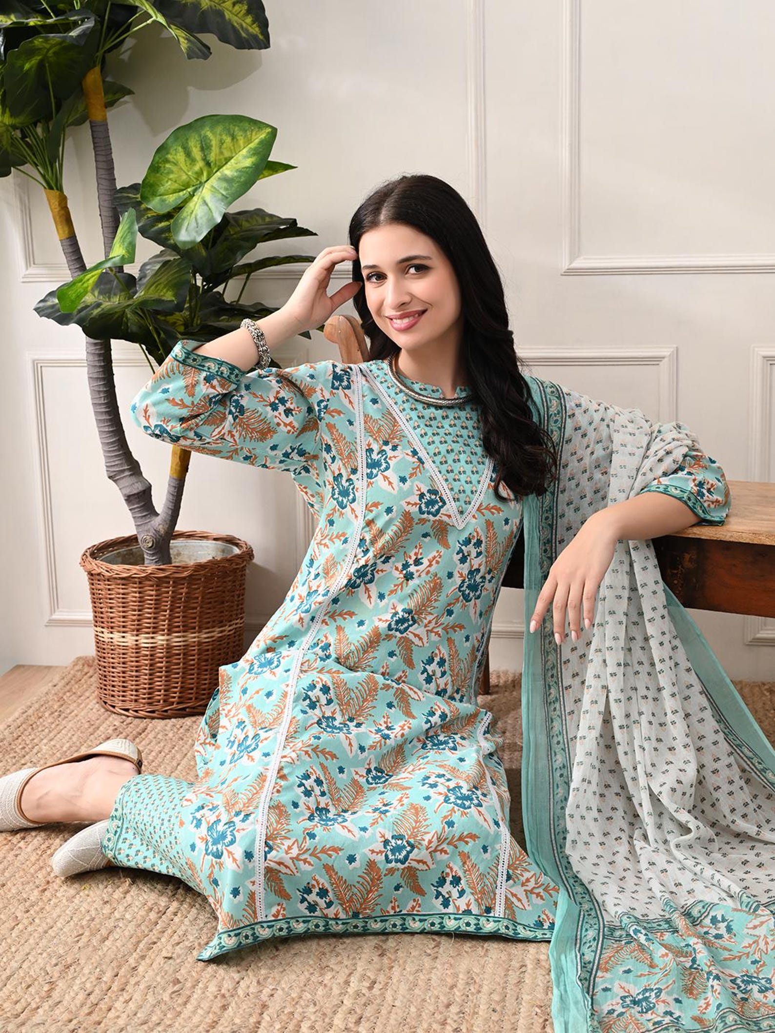Puple Block Printed Salwar Kameez Kurta Set with Dupatta for Women main image 1