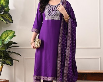 Handgjorda Jaipuri Broderi Kurta Set: Rayon Indian Salwar Kameez