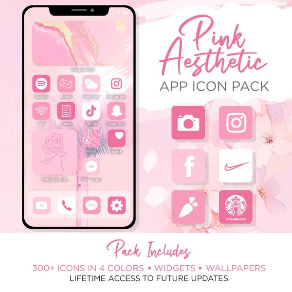 Pink Aesthetic iPhone Icon Set - Includes 1000 Icons with Bonus Wallpapers and Widgets in Pastel Pink Hues, Minimalist iOS Aesthetic