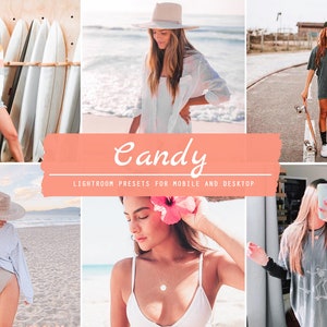 Könnte beinhalten: Eine Collage aus Bildern, die eine Frau in verschiedenen Outfits in unterschiedlichen Umgebungen zeigen. Die Bilder sind mit einem warmen, hellen und farbenfrohen Filter bearbeitet. Der Text "Candy Lightroom Presets for Mobile and Desktop" wird in der Mitte der Collage angezeigt.