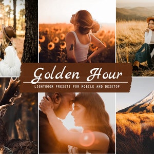 May include: A collection of Lightroom presets for mobile and desktop, called "Golden Hour". The presets are designed to give photos a warm, golden glow, reminiscent of the golden hour.