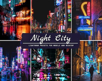 May include: A collage of images showcasing the vibrant nightlife of a city. The images feature neon signs, streetlights, and bustling crowds. The text "Night City" is displayed in a bold font, indicating the theme of the images.