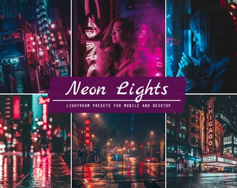 May include: A collage of images showcasing the use of neon light presets for mobile and desktop. The images feature a variety of urban scenes with vibrant neon lights, including a street in Japan, a city street with a "Park" sign, and a street in Chicago.