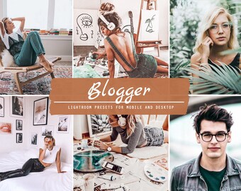 May include: A collage of images featuring people in various settings. The images are edited with a warm, vintage aesthetic. The text "Blogger Lightroom Presets for Mobile and Desktop" is displayed in the center of the collage.