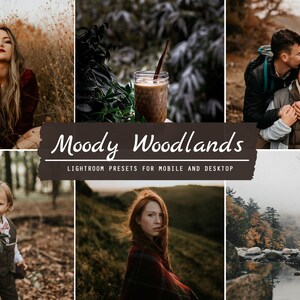 Könnte beinhalten: Eine Collage aus sechs Bildern, die die Lightroom-Voreinstellungen "Moody Woodlands" für Mobilgeräte und Desktop zeigen. Die Bilder zeigen verschiedene Szenen, darunter eine Frau in einem roten Kleid, ein sich umarmendes Paar, ein Kind, das Blumen hält, eine Tasse Kaffee und einen Waldweg.