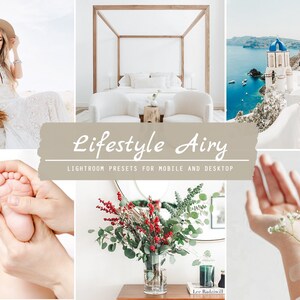 May include: A collage of images showcasing a lifestyle aesthetic. The images feature a woman in a white dress, a bedroom with a canopy bed, a view of a white building with blue domes, a baby's foot, a bouquet of red berries and greenery, and a hand with a small flower sprig.
