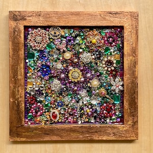 Treasure Garden 3D Mosaic / Mixed Media One Of A Kind Wall Art with Vintage Jewelry, Rhinestones, Swarovski Crystals, more 12X12"