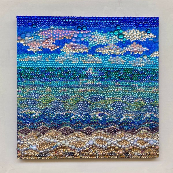 Sparkling SoCal Beach Mosaic on  12" x 12" Painted Wood- One Of A Kind Bedazzled Glass Rhinestone Painting / Beach House Wall Art Decor