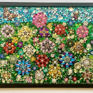 Floral Rhinestone Mosaic Art: Repurposed Jewelry Garden in Resin