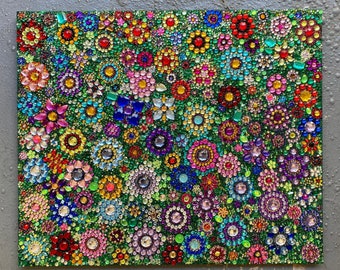 Blissful Wild Flowers Mosaic On Canvas - 20" x 24"/ Original Sparkling Floral Themed Artwork / One Of A Kind / Colorful Wall Art