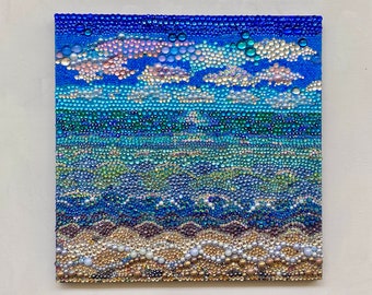 Sparkling SoCal Beach Mosaic on  12" x 12" Painted Wood- One Of A Kind Bedazzled Glass Rhinestone Painting / Beach House Wall Art Decor