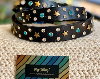 Black Leather Dog Collar: Gold Stars & Turquoise Rhinestone Bling
