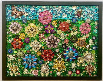 Floral Rhinestone Mosaic Art: Framed Bling Garden Wall Decor
