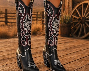 Black Rhinestone Cowgirl Boots : bedazzled with Black, Clear, Red Glass Crystal Rhinestones ( Made to Order)