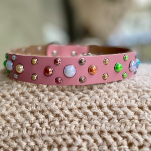 Pink Leather Dog Collar: AB Bling, Silver Hardware, Large Breed