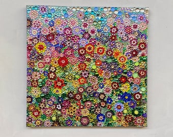 Spring Garden Mosaic / One of a kind Bedazzled Painting / Ready to Hang Rhinestone Wall Art /  Colorful Cheerful Decor / Gift for Her