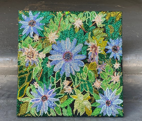 青い花柄のラインストーンモザイク絵画：きらめく花の壁掛けアート（14