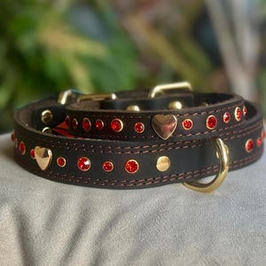 Può includere: Un collare per cani in pelle nera con accenti di strass rossi e un ciondolo a forma di cuore dorato. Il collare ha un anello a D dorato per il fissaggio del guinzaglio.