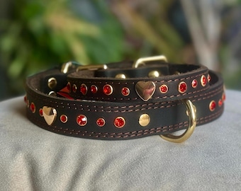 レッドレザーのラインストーン付き犬用首輪とリード：ゴールドの金具