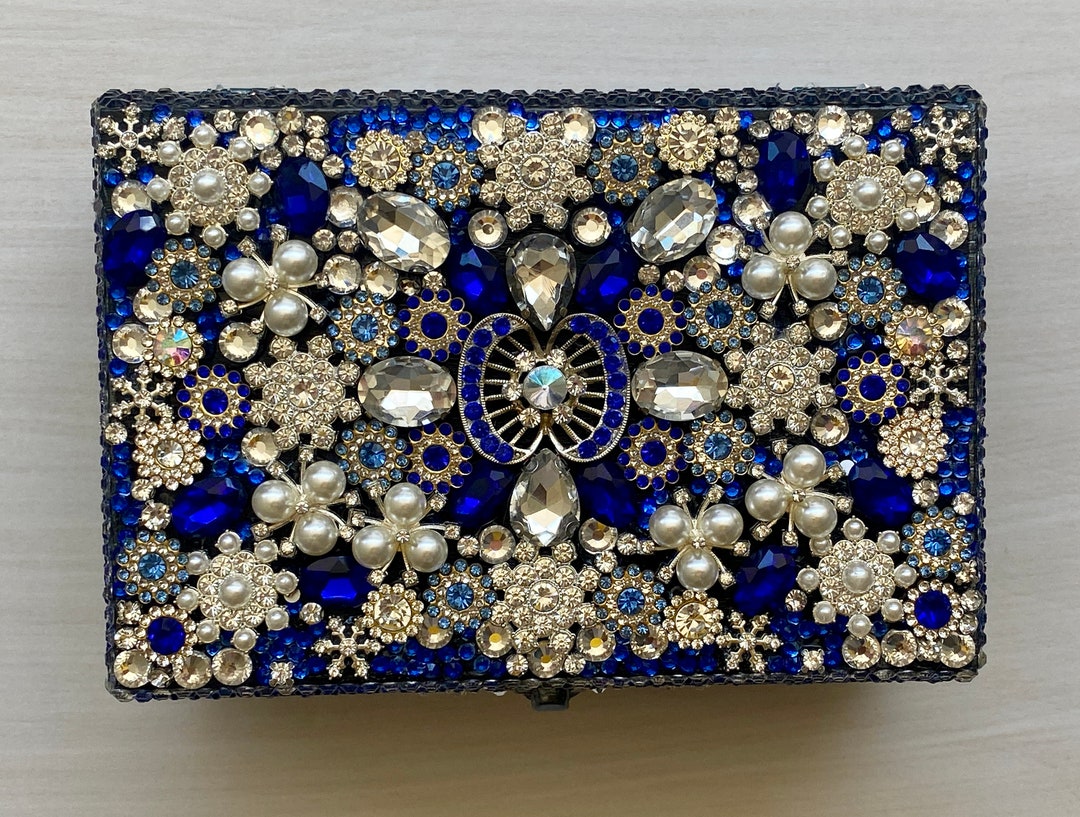 Blue White and Silver Bejeweled Jewelry Box / Hand Made One Etsy