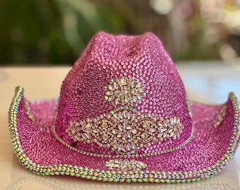 Sombrero de vaquera con diamantes de imitación rosas: boda occidental con cristales brillantes, moda para festivales