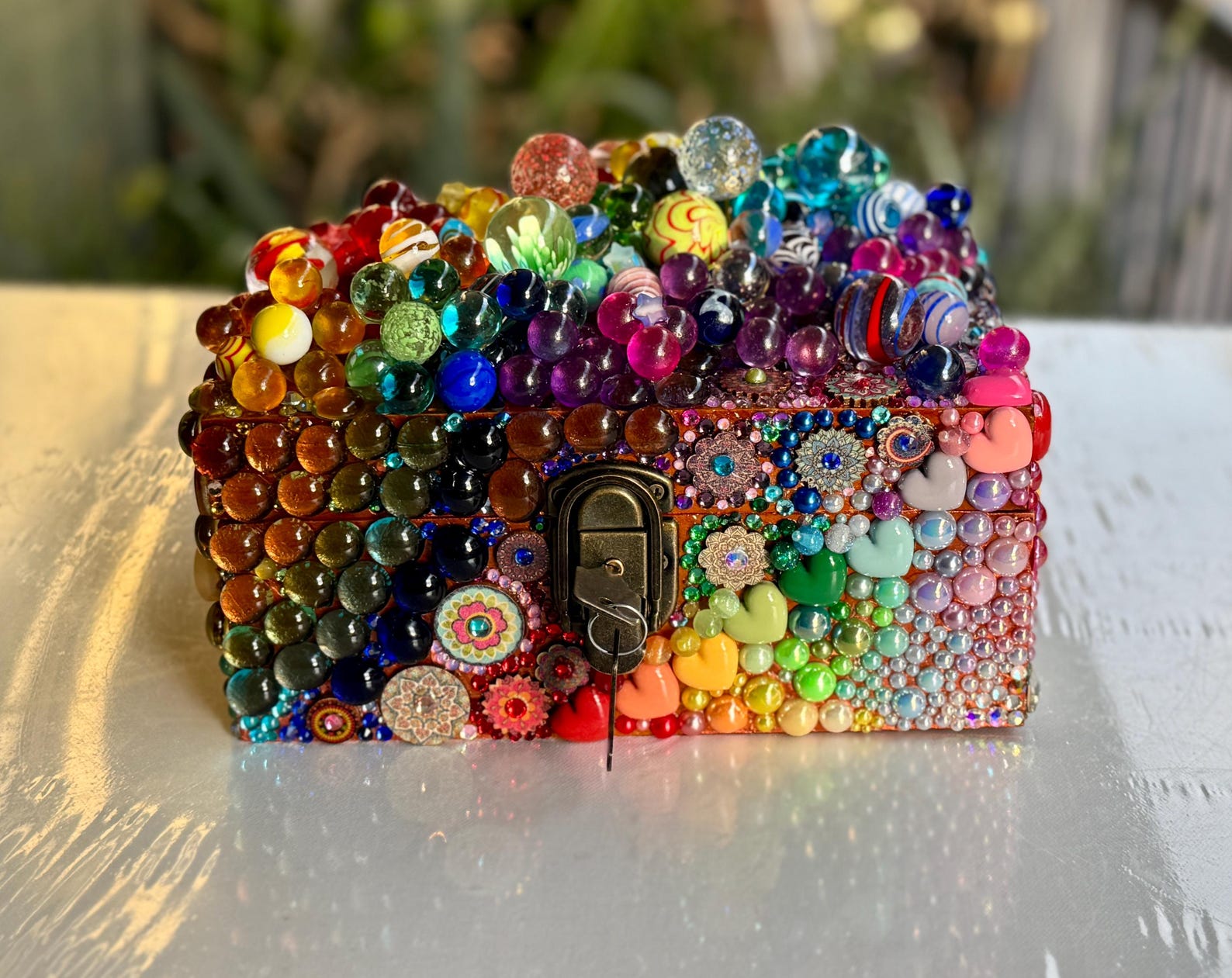 3D Rainbow Marble Mosaic Lock Box: Multi Colored Bedazzled Wooden ...