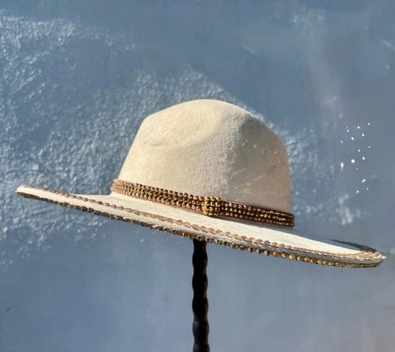 Bedazzled Wide Brim Fedora, Crystal Rhinestone Bronze Hat - Etsy display picture 1