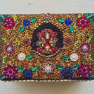 Bejeweled Treasure Chest with pirate&quot;s Booty Interior / Solid Wood Box , Hinged Lid, Decorated in  Mosaic of Rhinestones,  Gems + Treasures