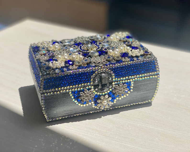Blue White and Silver Bejeweled Jewelry Box / Hand Made One Etsy
