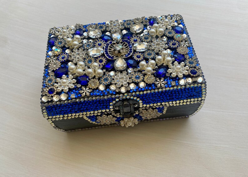 Blue White and Silver Bejeweled Jewelry Box / Hand Made One Etsy