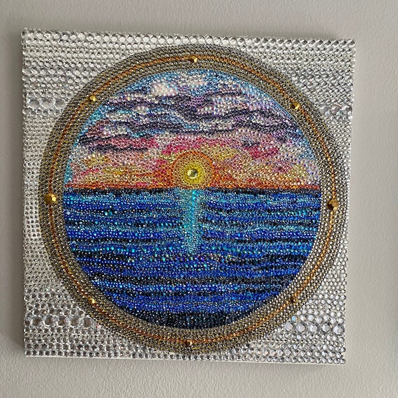 Pacific Ocean Sunset Mosaic Rhinestone Painting on Stretched Canvas Bedazzled Seascape Cool Wall Art Nautical Painting 14 X 14 Etsy UK