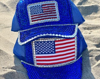 Cappello da camionista con bandiera americana abbagliante: berretto patriottico con strass blu