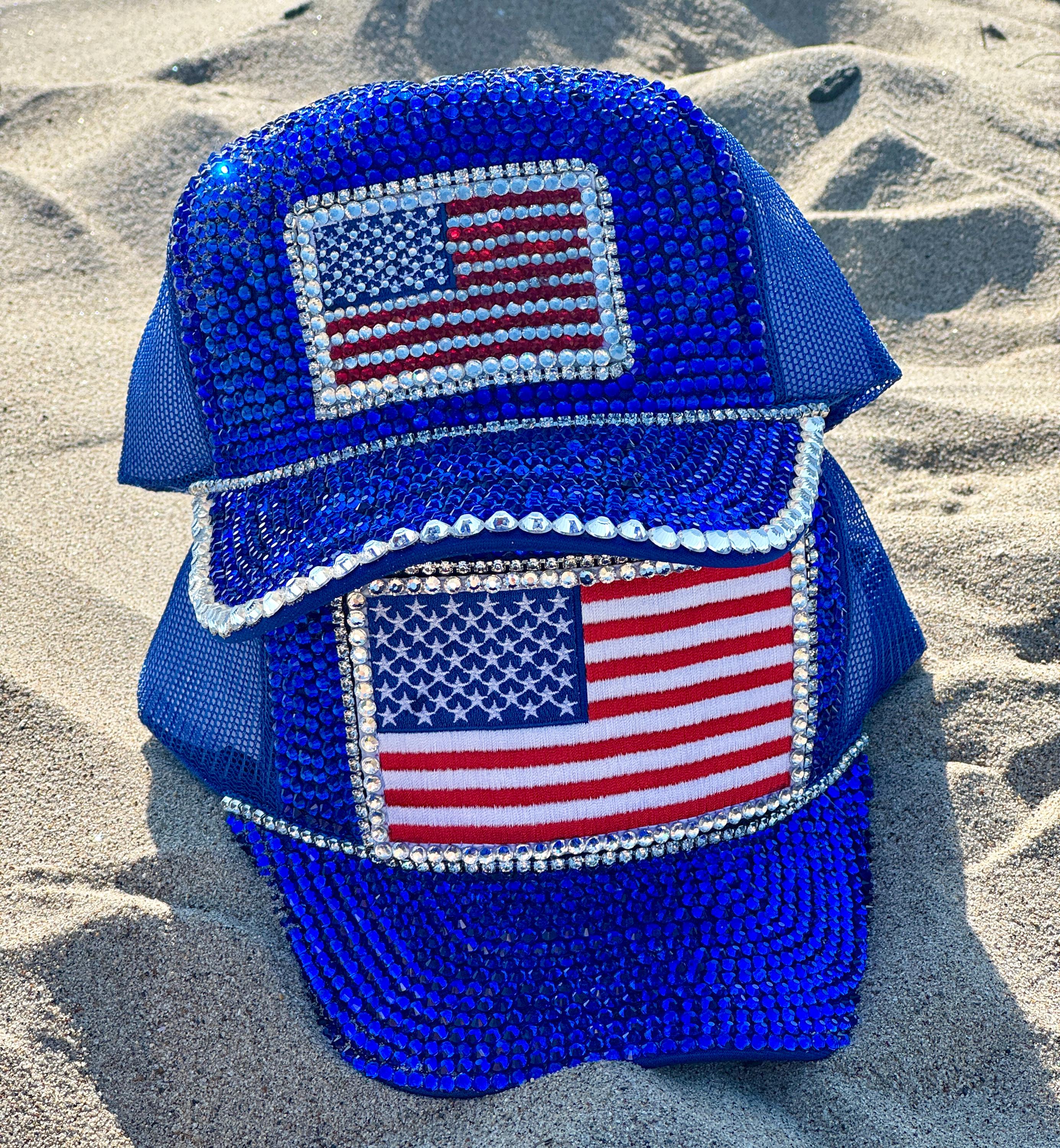 Handmade Light Blue Denim Baseball Cap with Rhinestone American Flag American Flag Rhinestone Distressed Baseball Hat – SBS T Shop main image 3