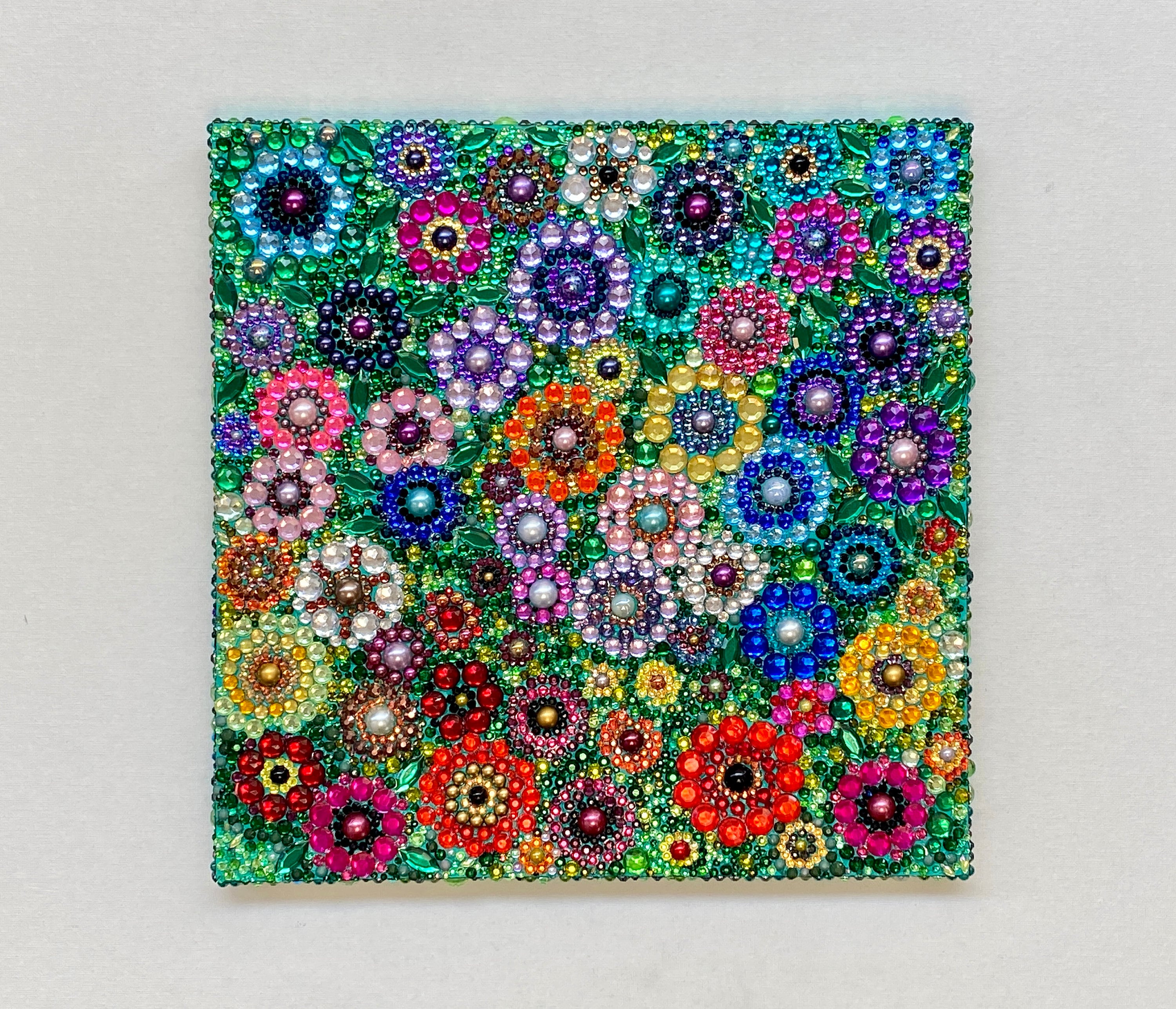 Vibrant Garden Mosaic Art: Bejeweled Floral Canvas (12" x 12")