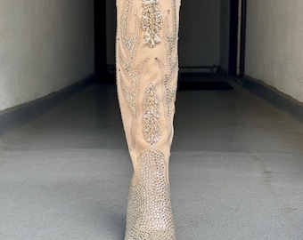 Custom order for Ellinor Only! Bedazzled Cowgirl Boots: Champagne Rhinestone Vegan Suede Western Boots