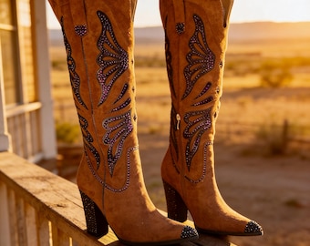 Bedazzled Brown Cowboy Boots: Vegan Suede, 3.75" Heels / Western Festival Style
