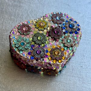 Heart Shaped Mosaic Jewelry Box: Mirrored Lid, Wood Flowers & Rhinestones