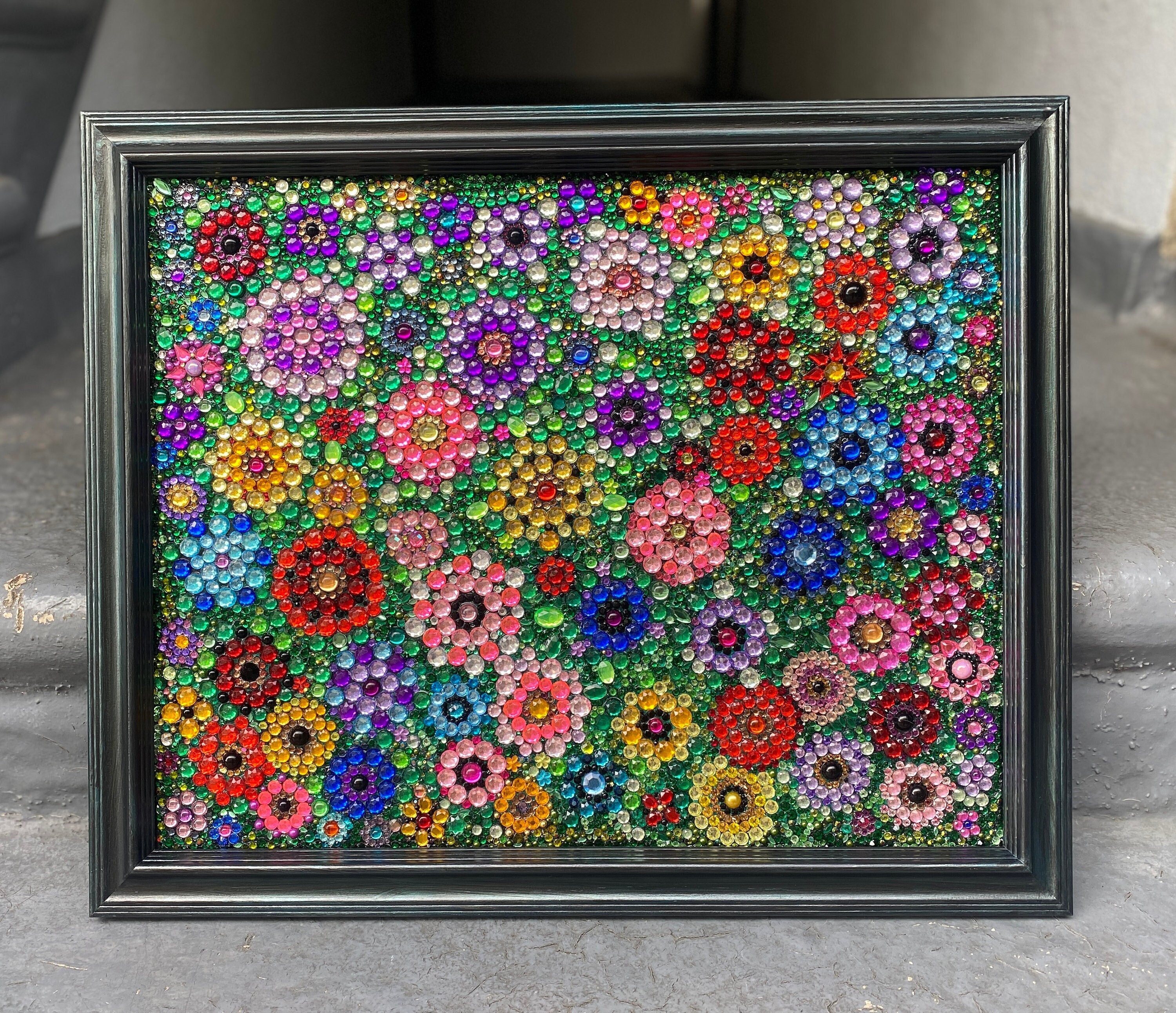 Floral Mosaic / Rhinestones on Canvas Board Framed Art
