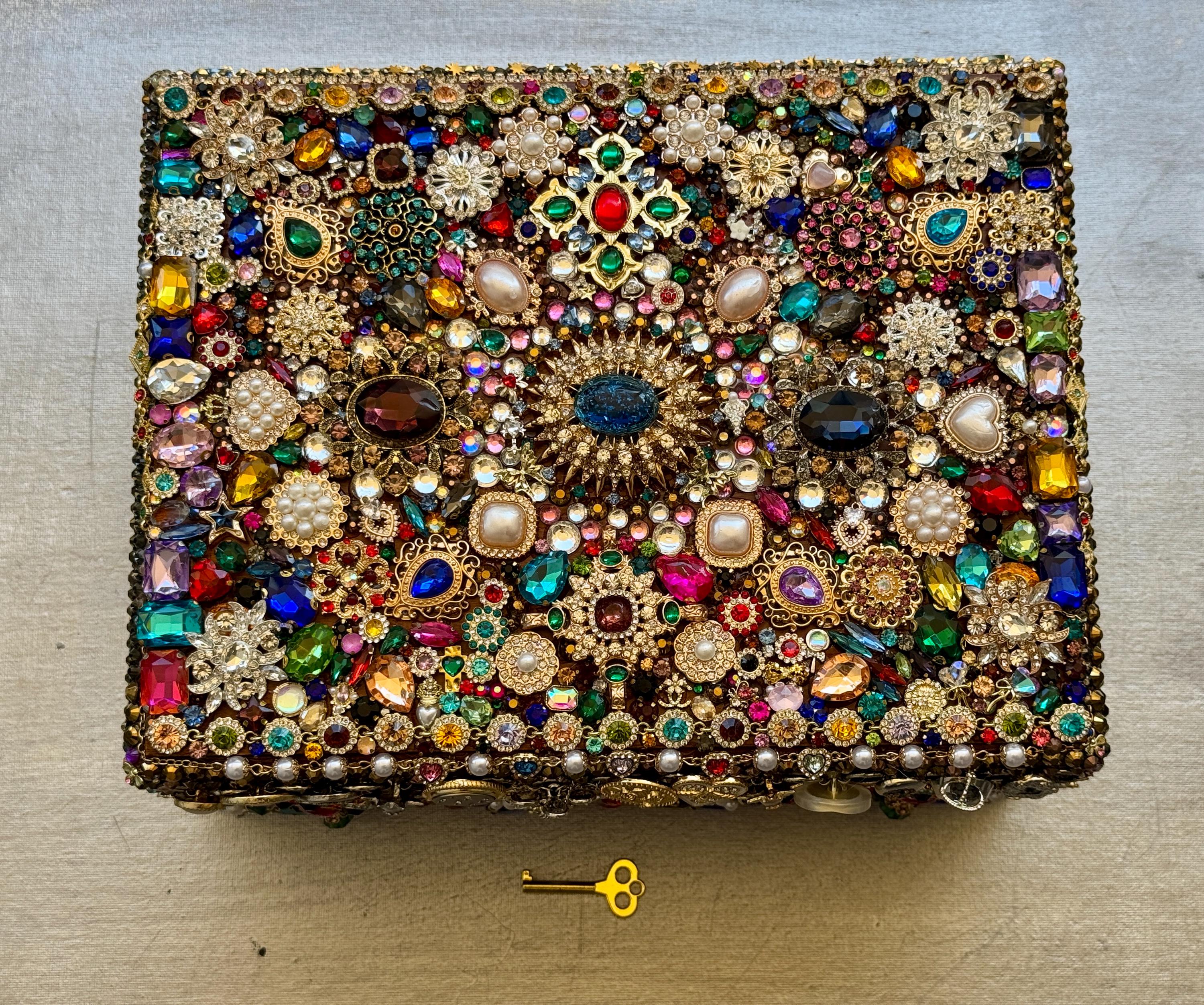 Bejeweled Mosaic Jewelry Box: Acacia Wood Keepsake Box With
