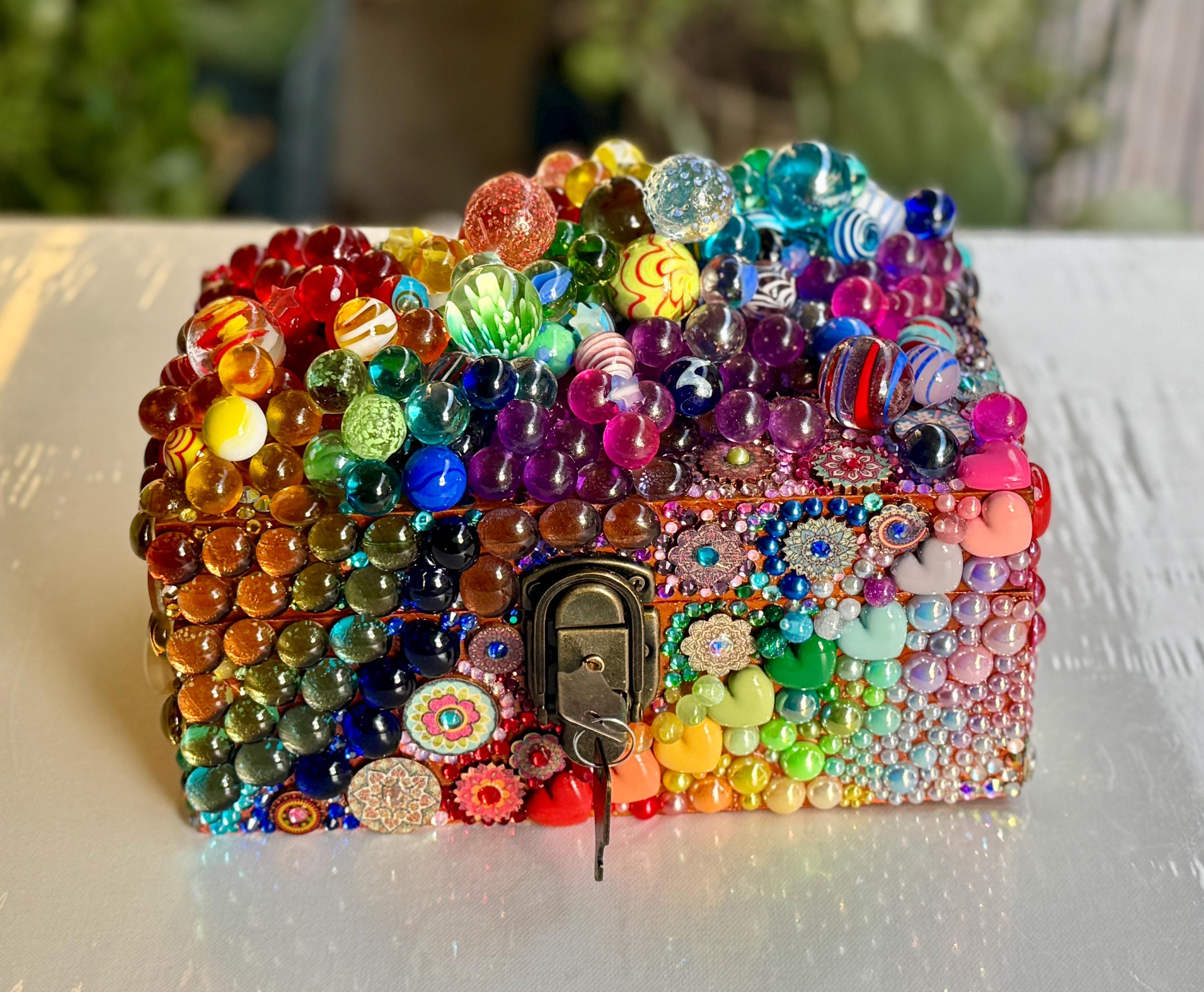 3D Rainbow Marble Mosaic Lock Box: Multi Colored Bedazzled Wooden ...
