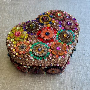 Floral Mosaic Heart Box: Rhinestone & Wood Flower Jewelry Box