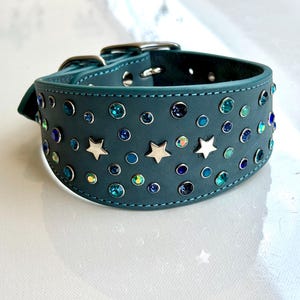 Blue Leather Greyhound Collar: Crystal Rhinestone Rivets, Wide Design