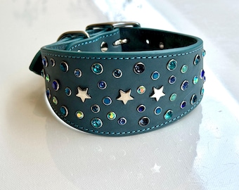 Turquoise Blue Leather Greyhound Collar / Crystal Rhinestone Rivets, Stars : Wide Design / Sparkly Dog Fashion
