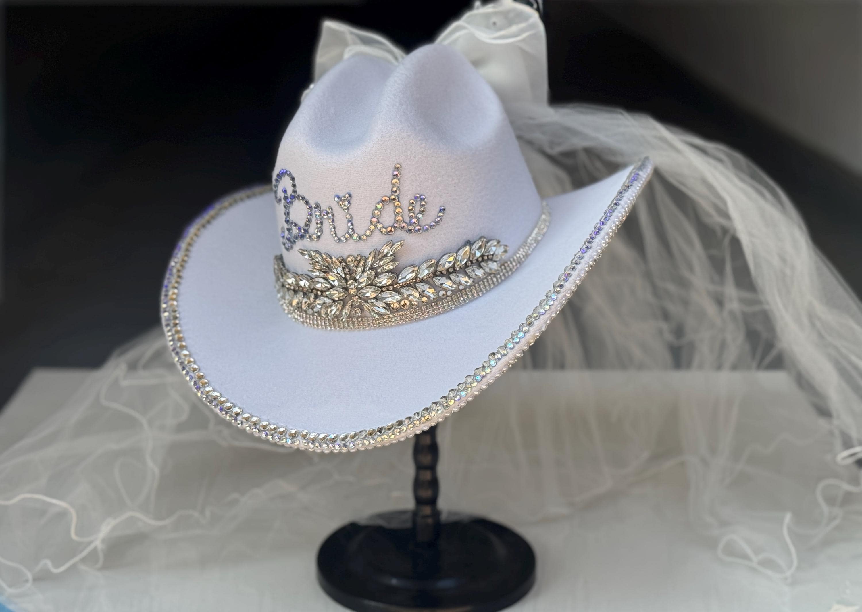 Bridal Cowgirl Hat with Bow, Veil, Rhinestone Centerpiece, Band and…