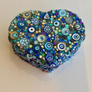Evil Eye Mosaic Heart Box: Blue Crystal Rhinestones, Hand-Painted Interior