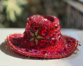 Custom Rhinestone Cowboy Hat: Red Crystals, Star, Hearts Hat  display picture 3