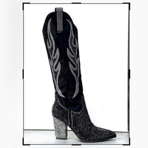 Zwarte cowboylaarzen met strassteentjes/vegansuède, hakken van 3,75 inch bezaaid met hematiet, zwarte glassteentjes/westerse mode/festivalstijl